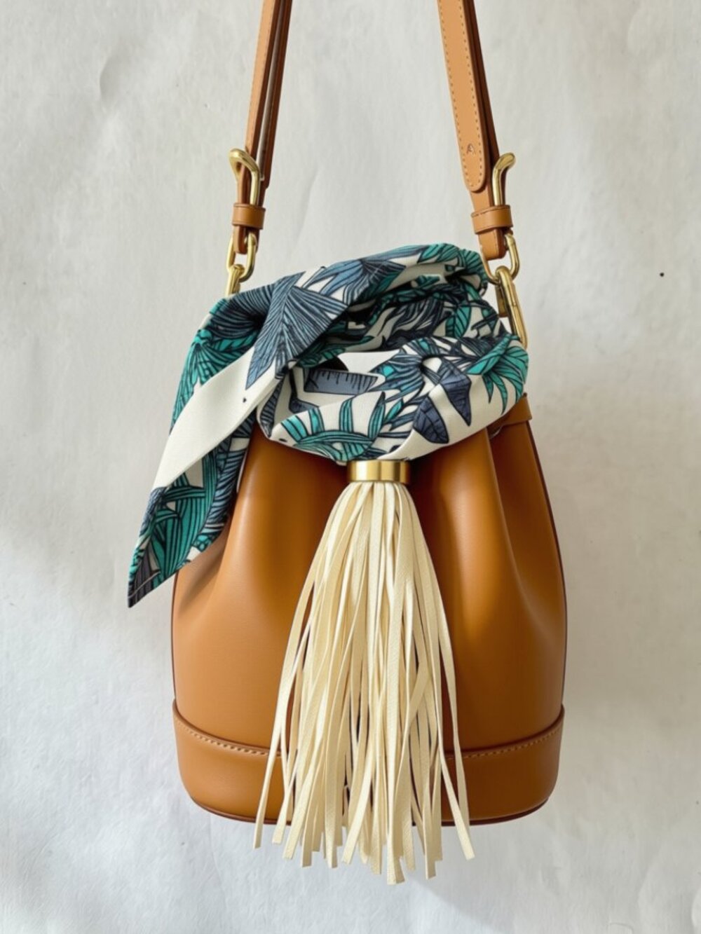 Cream Faux Leather Tassel Bag Charm & Botanical Print Scarf